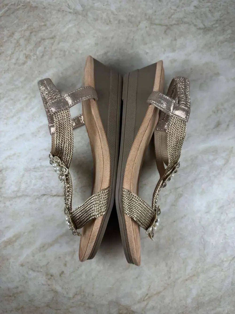 SHIBEVER Champagne Rhinestone Low Wedge Sandals Elastic Strap Women’s EU 40
